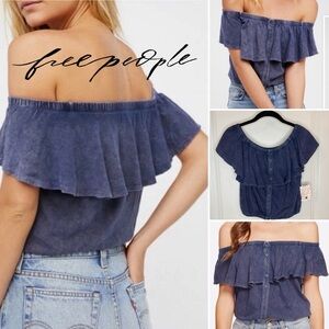 Free People Love Letter Denim Blue Off-Shoulder Ruffle Crop Blouse Women’s XS